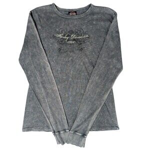 Y2K Harley Davidson Long Sleeve Embellished Top Acid Washed Gray XL